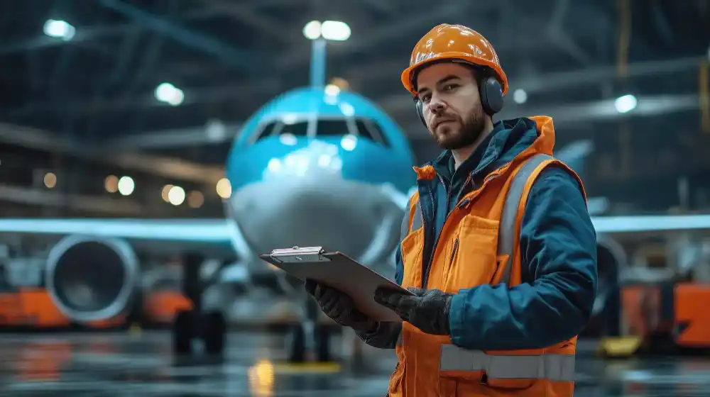 Pakistani aircraft maintenance engineering student inspecting a turbine engine in an ATH training hangar