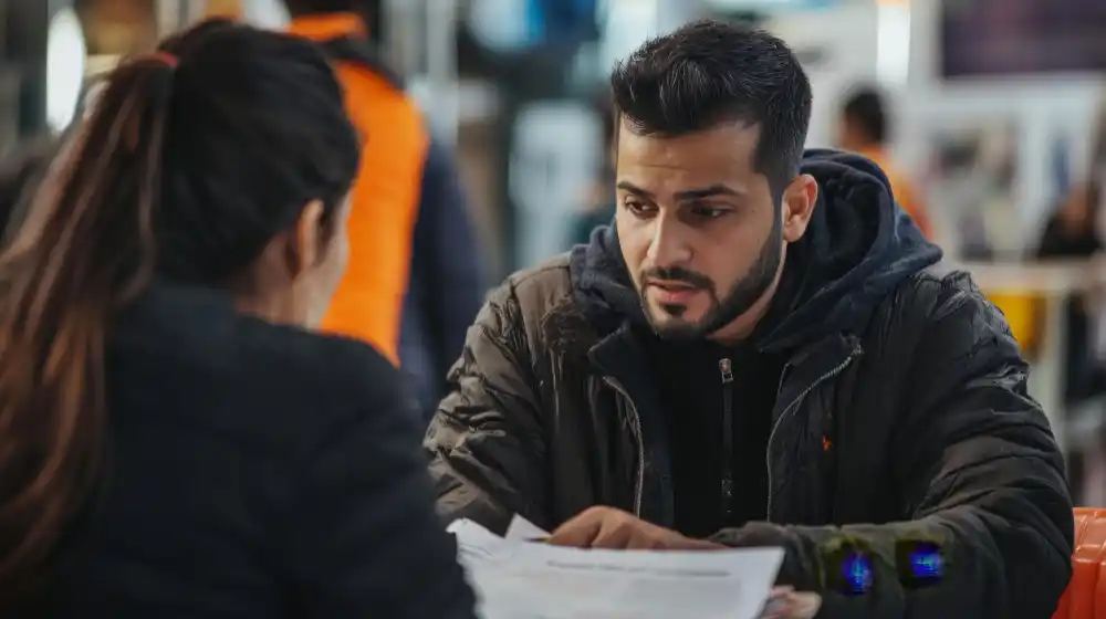 Pakistani student attending an admission interview at an aviation training institute