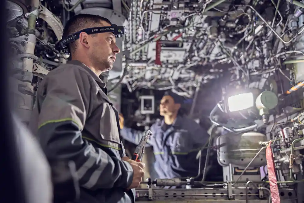Two aircraft engineers working on the electrical system of a passenger aircraft