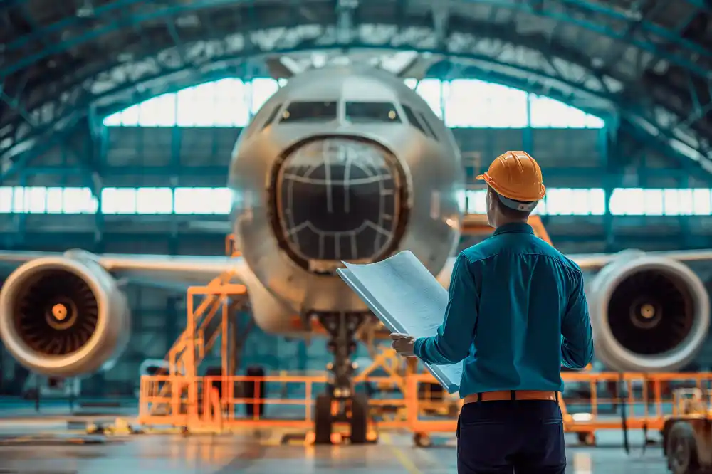 Aircraft maintenance engineers collaborating during a hangar training session