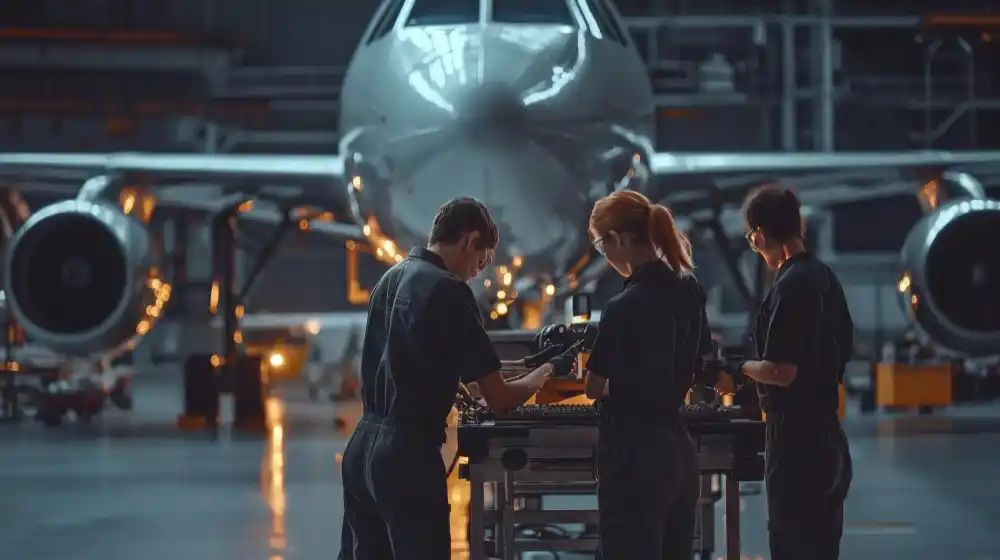 Team of aircraft maintenance technicians collaborating on a maintenance task in a hangar