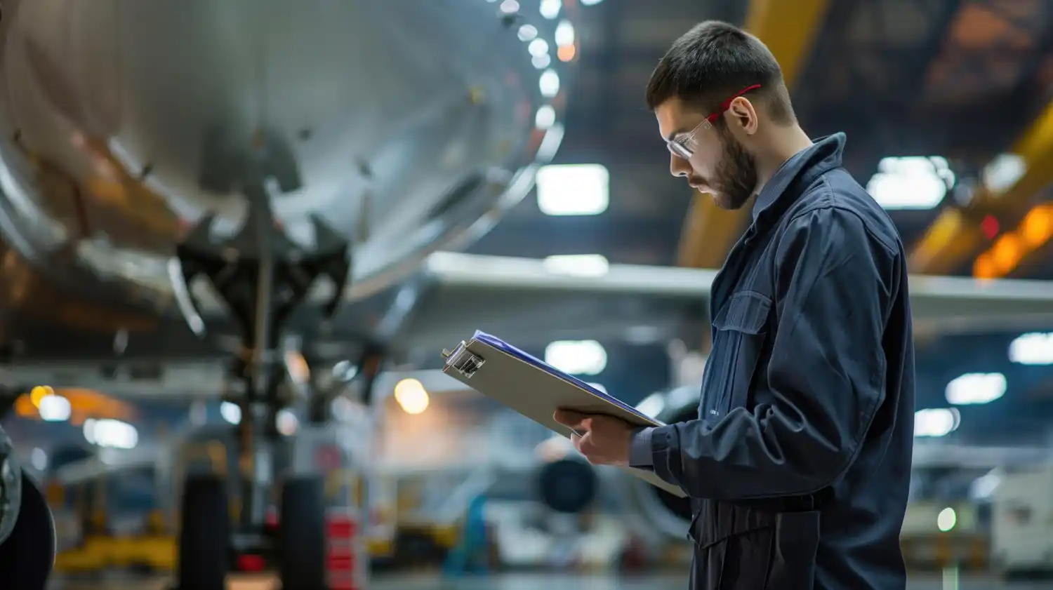 South Asian aircraft maintenance engineer reviewing a maintenance logbook and license documentation in a hangar