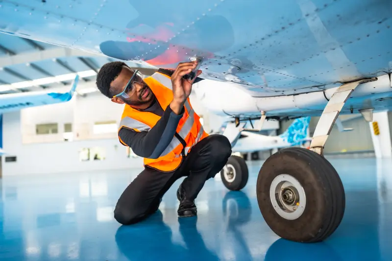 Aircraft maintenance engineer inspecting an airplane wing in a hangar, representing the B1 versus B2 aircraft maintenance license comparison