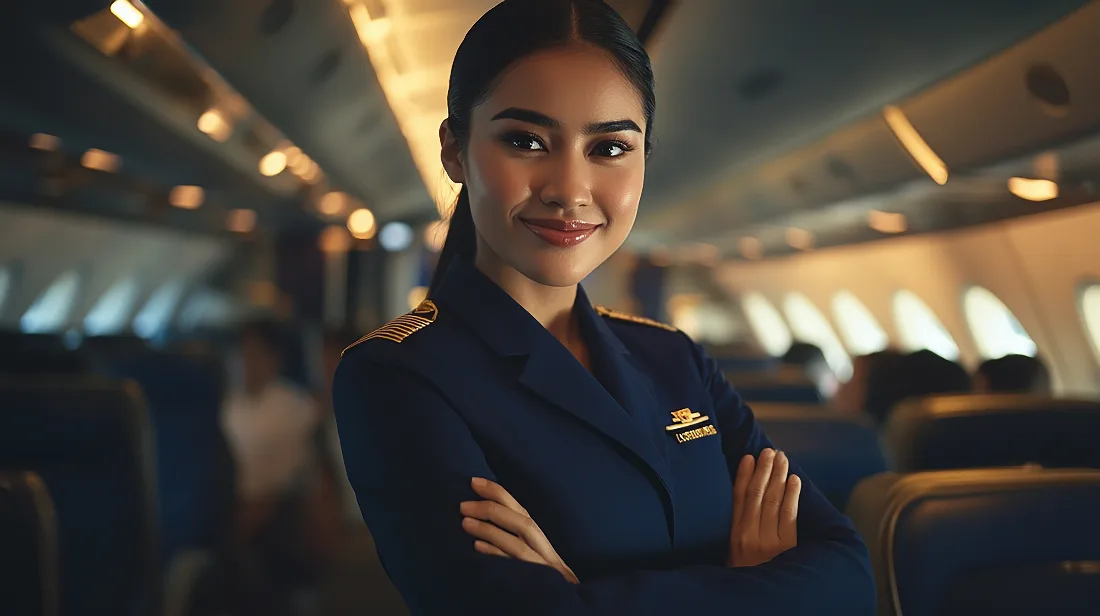 South Asian cabin crew trainee practicing in-flight safety and service procedures in a mock cabin