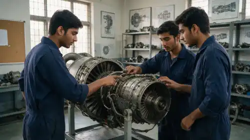 Pakistani aircraft maintenance engineering students in hands-on engine training