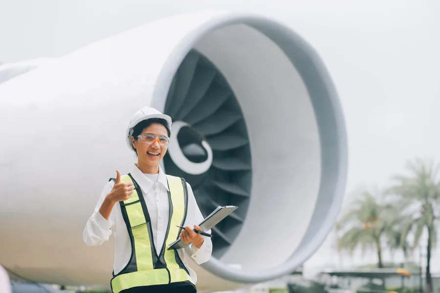 Pakistani B1 licensed aircraft engineer inspecting a jetliner turbine engine