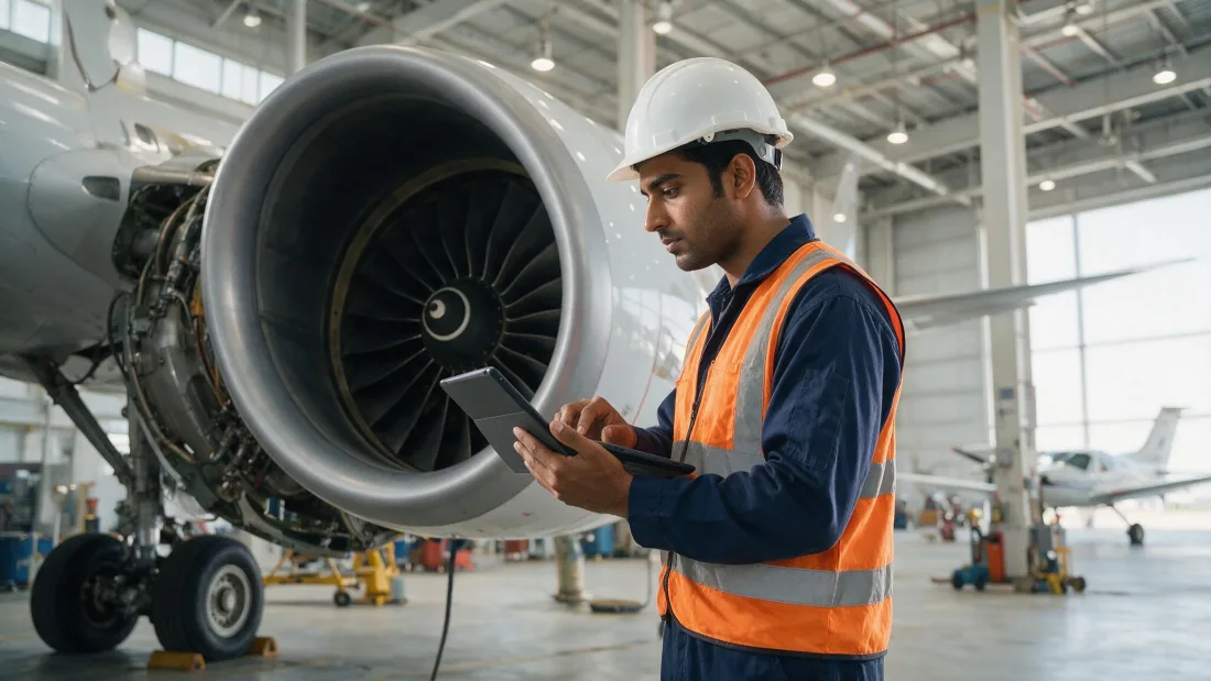 South Asian aircraft engineer working at a Gulf airline maintenance hangar