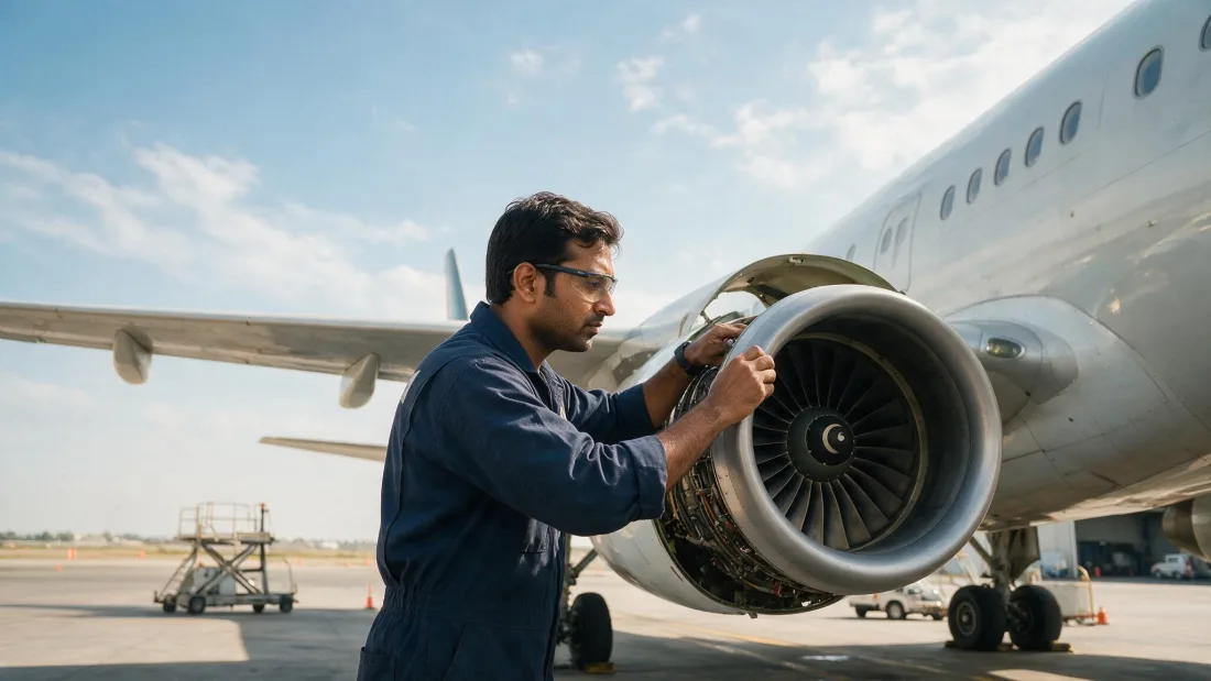 Pakistani aircraft maintenance engineer inspecting a jetliner engine on the tarmac