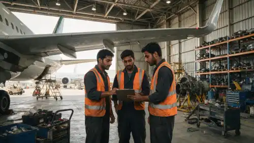 South Asian aircraft maintenance team working inside a hangar at a Karachi airline base