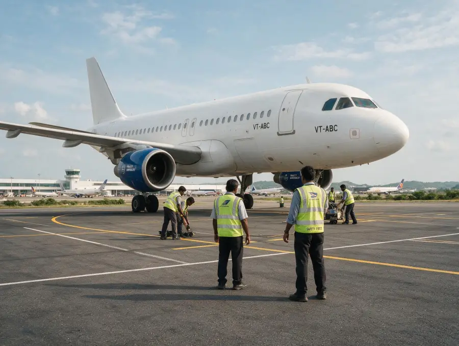 Ground and maintenance crew working on a commercial airliner at a Pakistani airport, illustrating aviation hiring demand