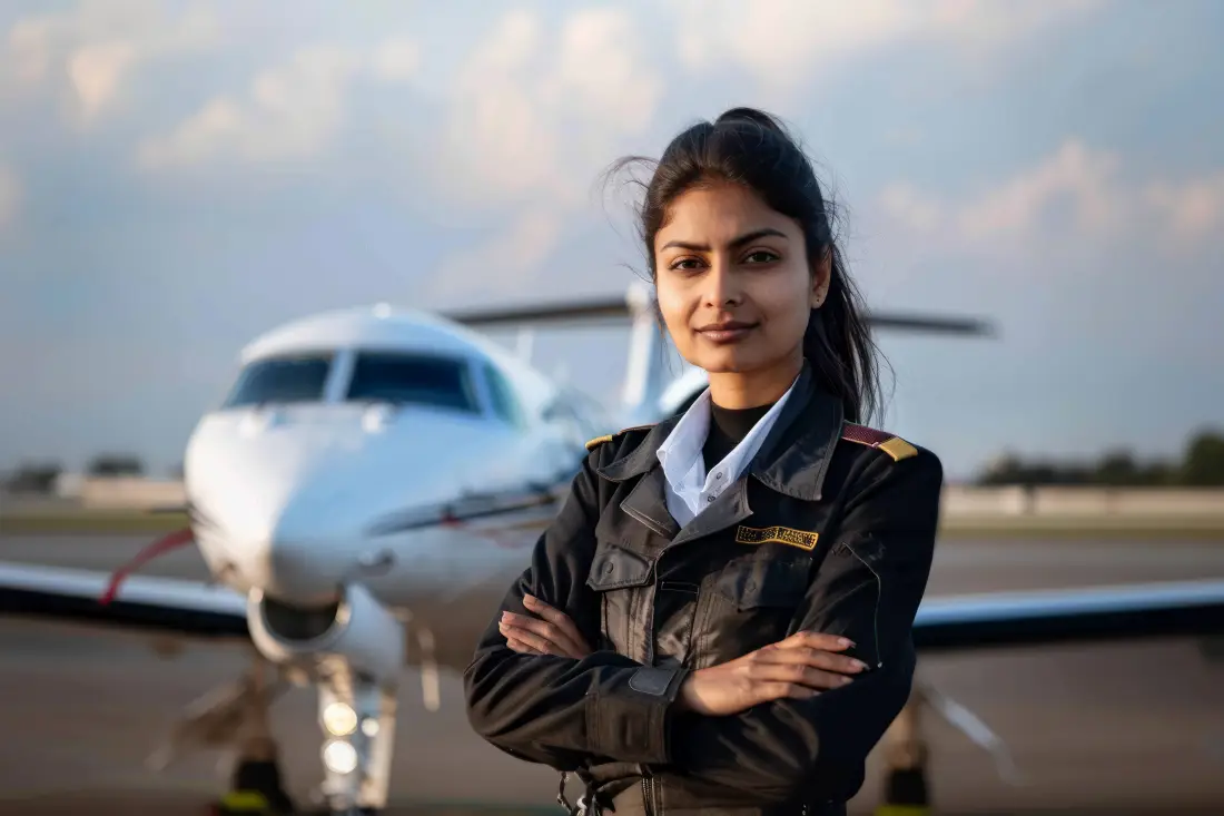 South Asian woman airline pilot in uniform standing in front of a light aircraft on the apron
