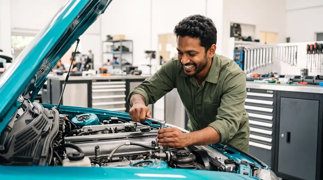 Smiling Indian aviation maintenance apprentice working hands-on with tools during technical training