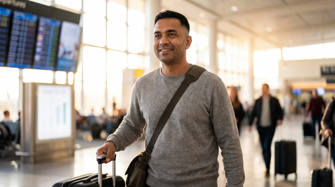 Pakistani aircraft maintenance engineer at an international airport terminal preparing to travel for overseas work