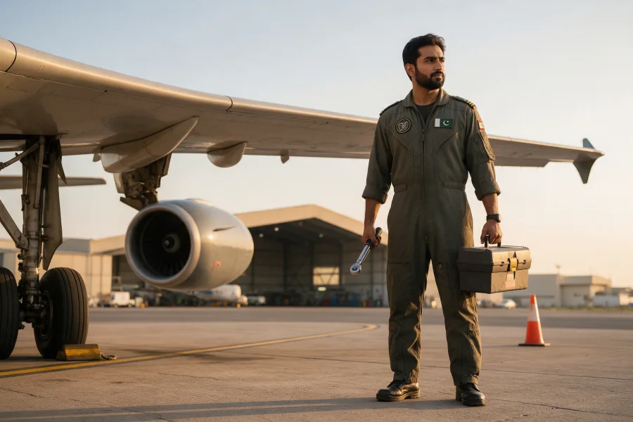 Pakistani Aircraft Maintenance Engineer working on an aircraft on the tarmac inside a hangar