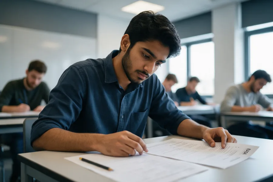 Pakistani AME student sitting an EASA module exam in a classroom setting