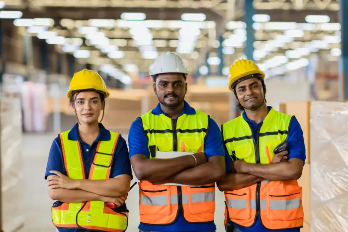 South Asian aircraft maintenance engineers conducting a hangar team inspection on a jetliner