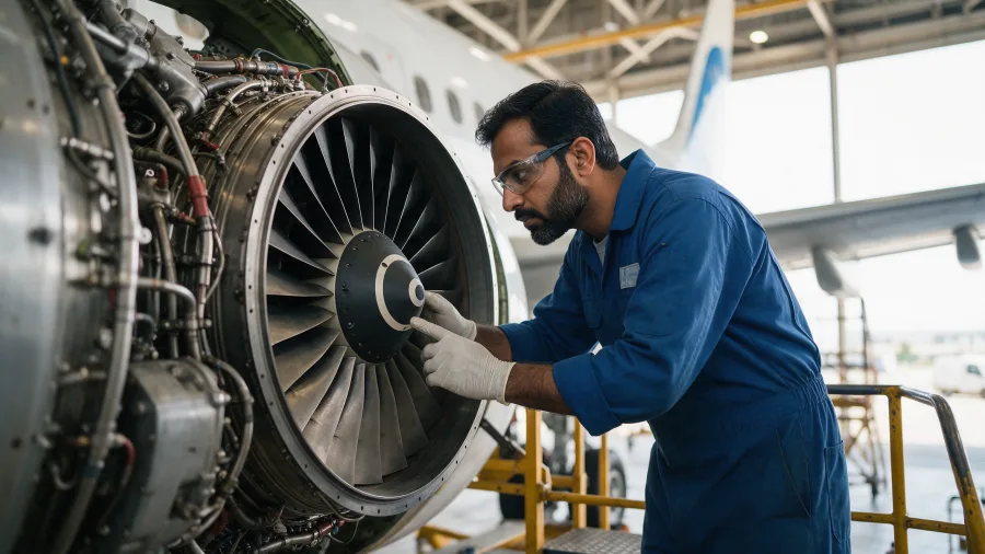 South Asian Aircraft Maintenance Engineer inspecting a jet engine during a career challenges review
