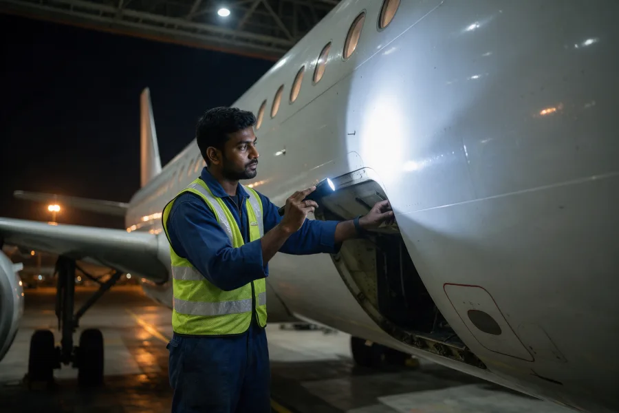 South Asian Aircraft Maintenance Engineer performing a night shift inspection inside a hangar