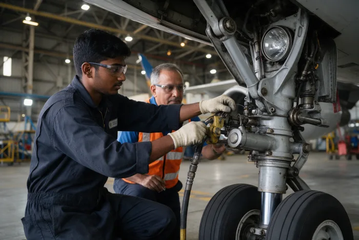 South Asian AME trainee completing on-the-job training on an aircraft in a maintenance hangar