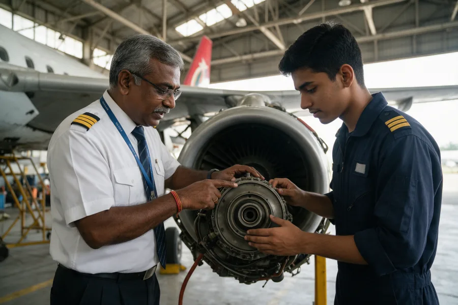 South Asian aviation training instructor mentoring an AME student inside a maintenance hangar