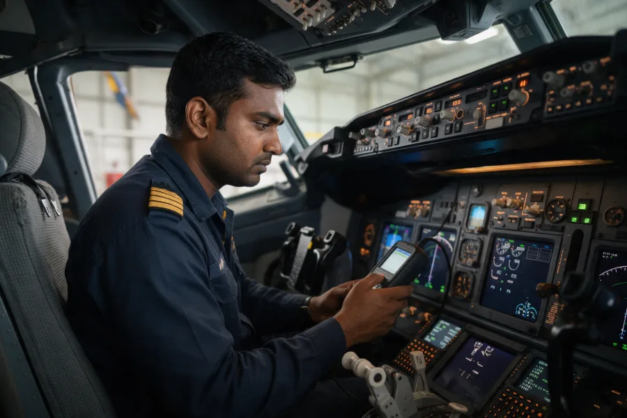 South Asian avionics technician running cockpit diagnostics on modern aircraft systems