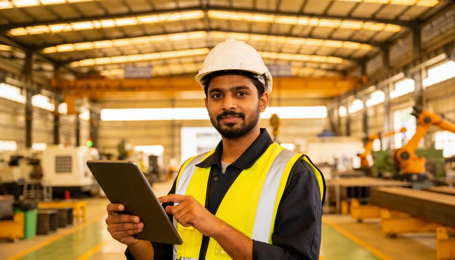 South Asian aviation technician reviewing digital maintenance data on a tablet beside an aircraft