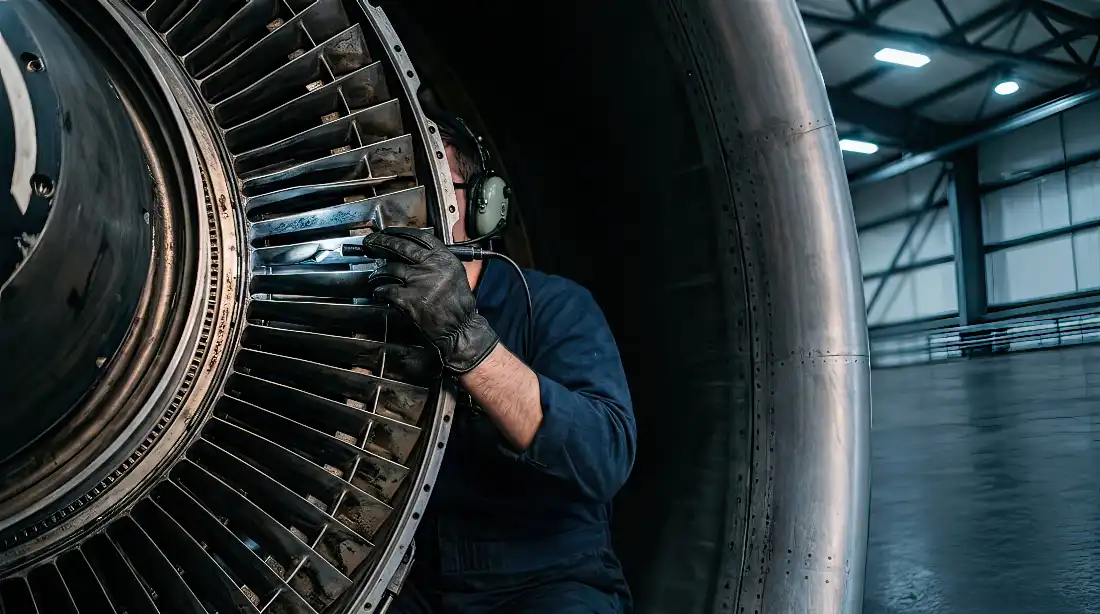 Interior of a modern EASA-standard MRO hangar with an aircraft engine undergoing overhaul