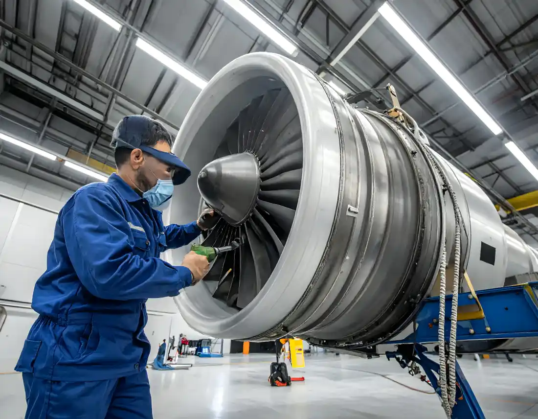 Aircraft maintenance technician in blue overalls inspecting a jet engine in a hangar