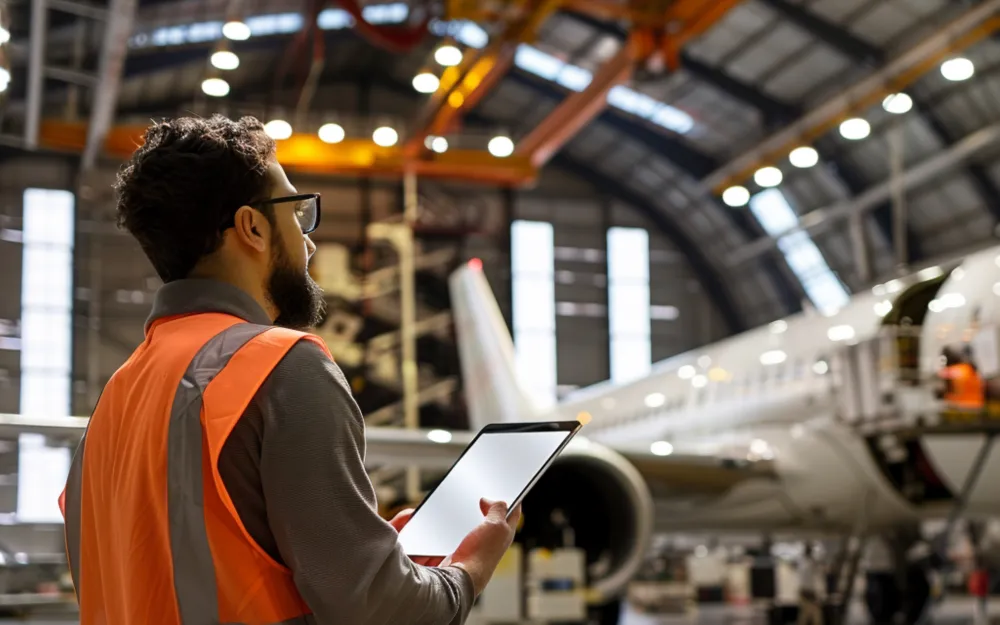 Aircraft maintenance engineer in an orange safety vest checking records on a tablet inside a hangar