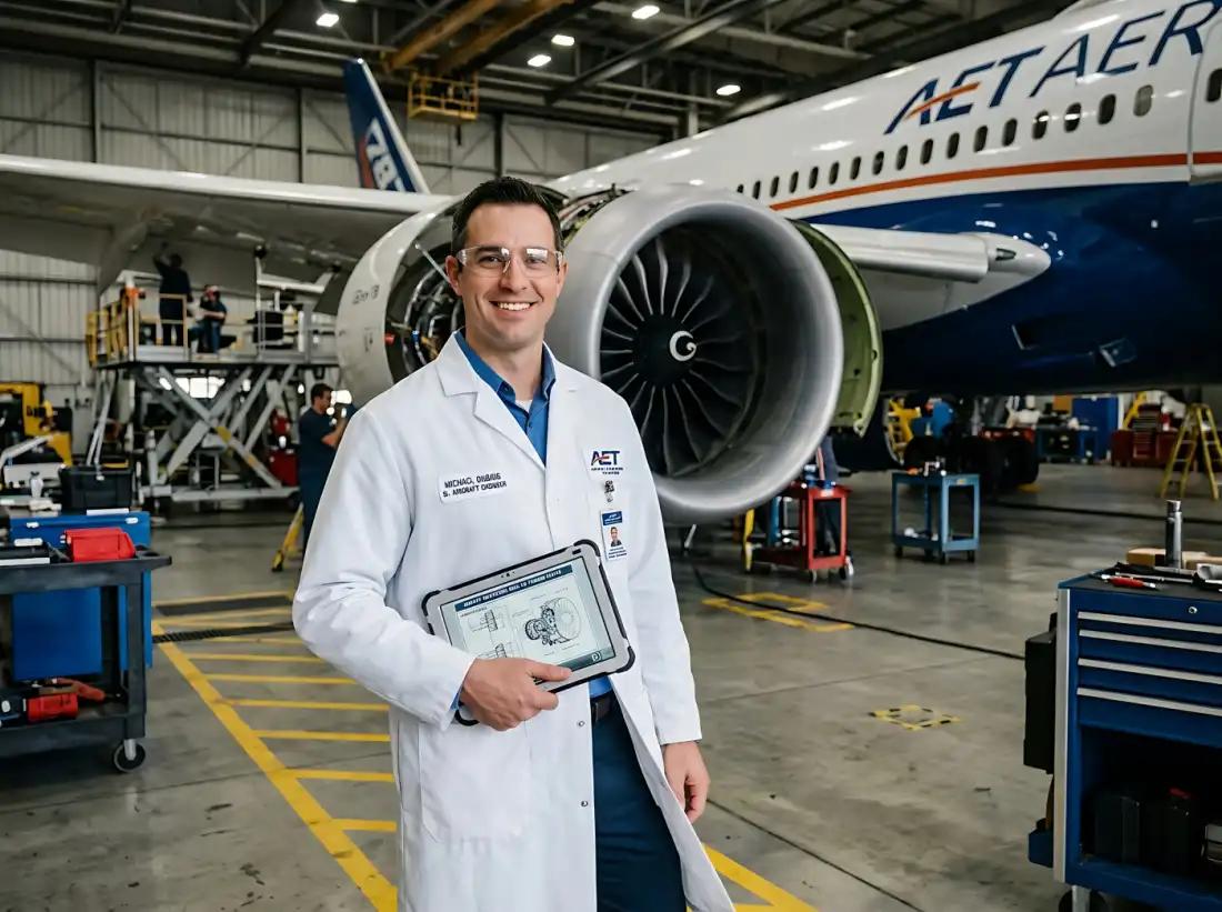 Aircraft maintenance engineer holding a tablet inside an aircraft hangar
