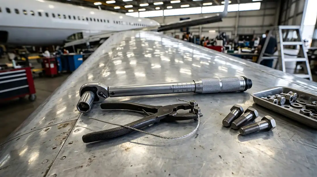 Aircraft maintenance wrench and pliers resting on a wing in a hangar