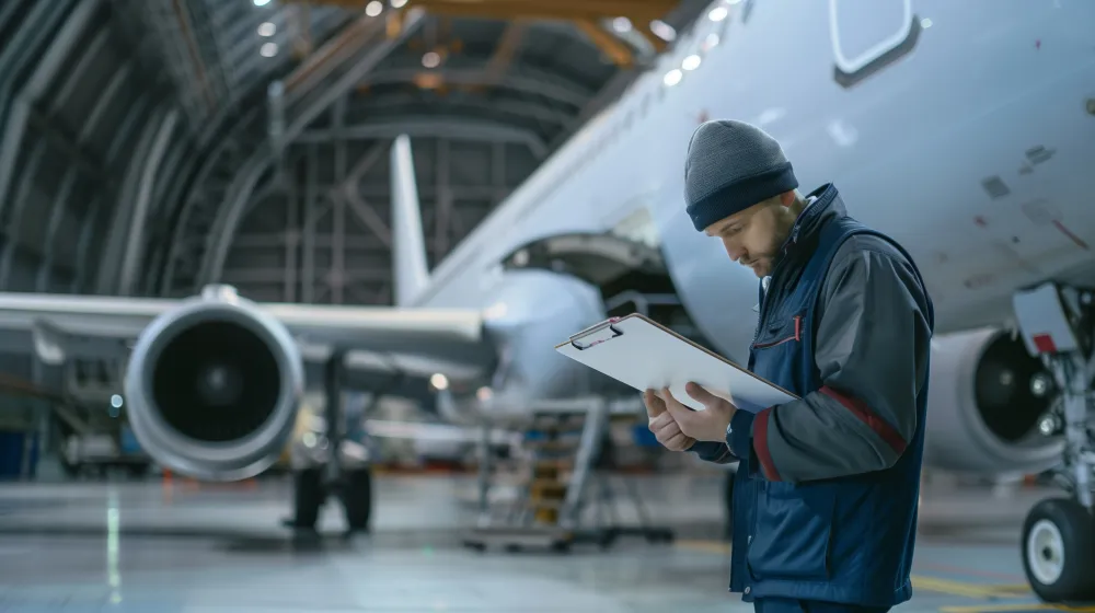 Aircraft mechanic in uniform inspecting an aircraft with a clipboard beside a jet engine in a hangar
