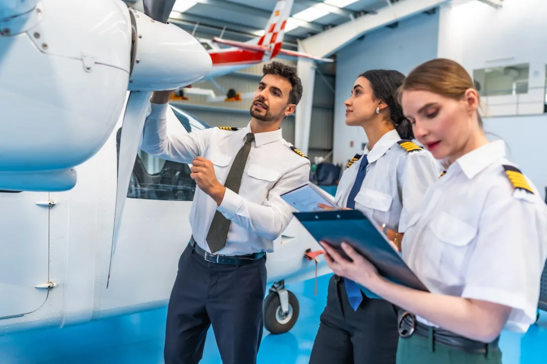 Aviation maintenance team conducting an aircraft inspection in a hangar