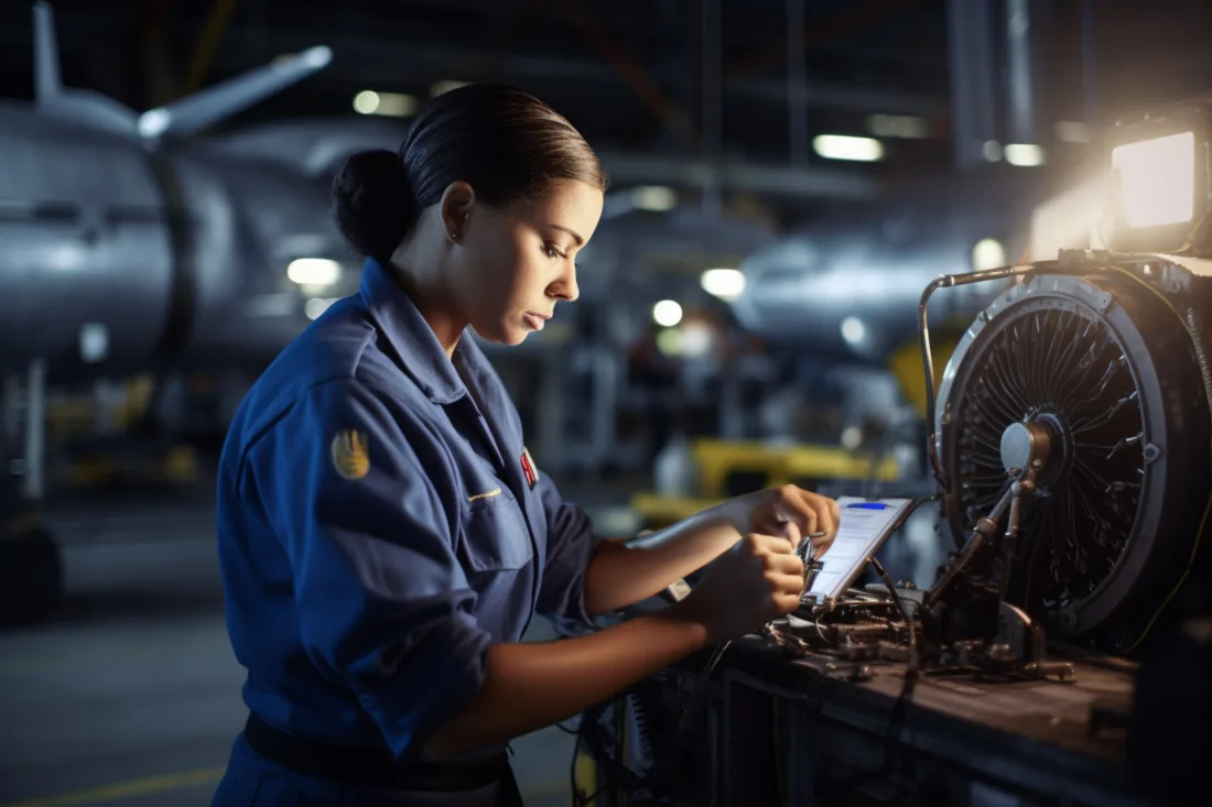 Young woman in a blue work uniform checking a tablet while servicing an aircraft engine component in a maintenance workshop