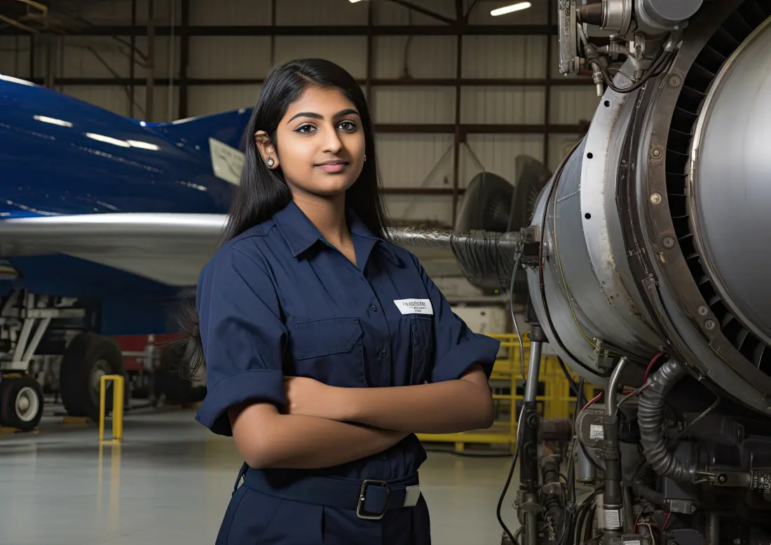 Female aircraft mechanic in a navy work uniform standing beside a jet engine in a maintenance hangar