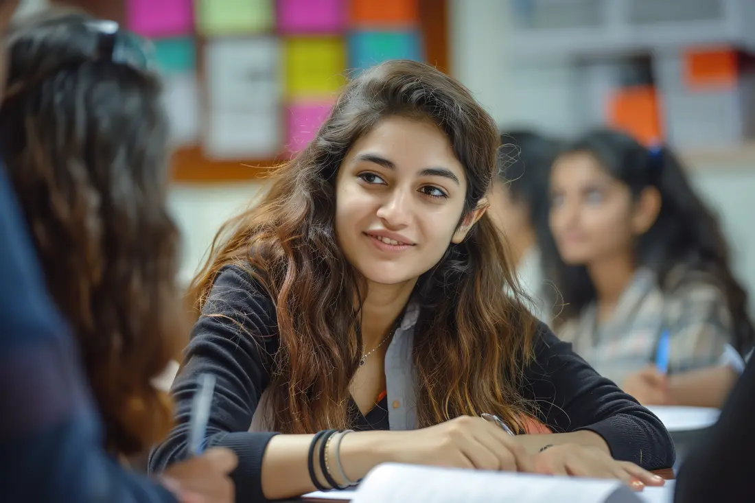 Female student smiling and taking notes while studying with classmates in a classroom