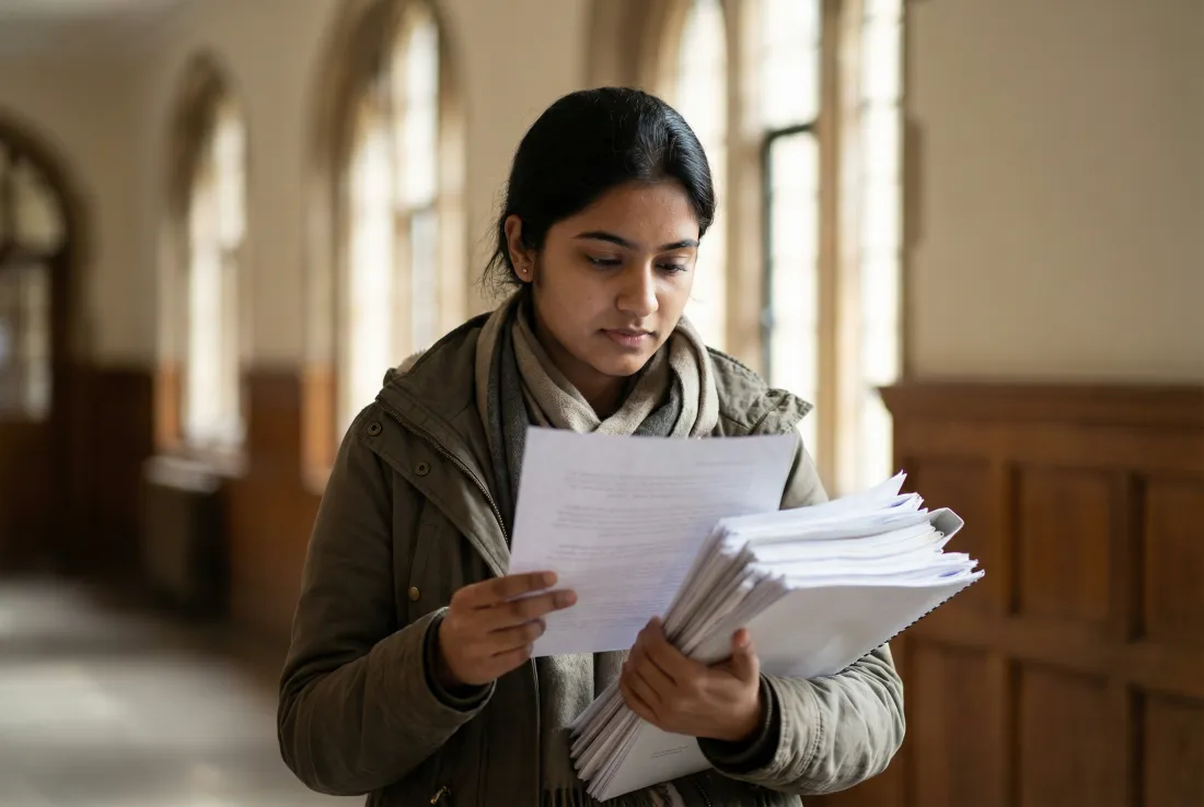 Female student reviewing admission documents before applying to an aviation institute