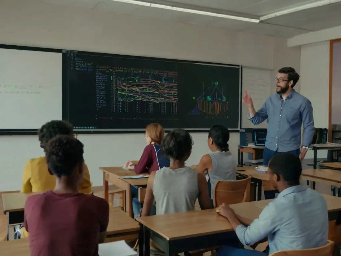 Instructor presenting a data chart to students in a classroom