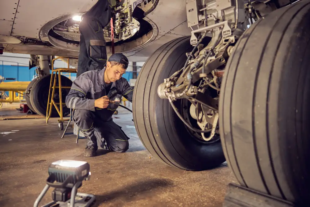 Aircraft technician crouching to check the wheel and landing gear of an airliner