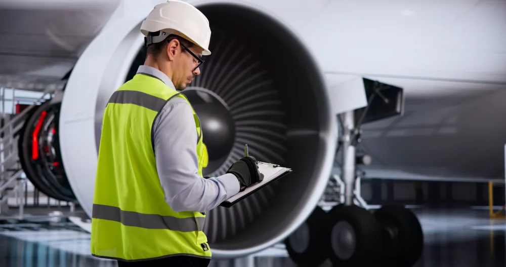 Technician in a safety helmet and hi-vis vest examining a turbofan jet engine with a clipboard