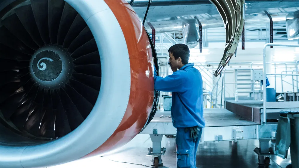 Engineer in a blue jacket working on an aircraft turbine engine in a maintenance facility