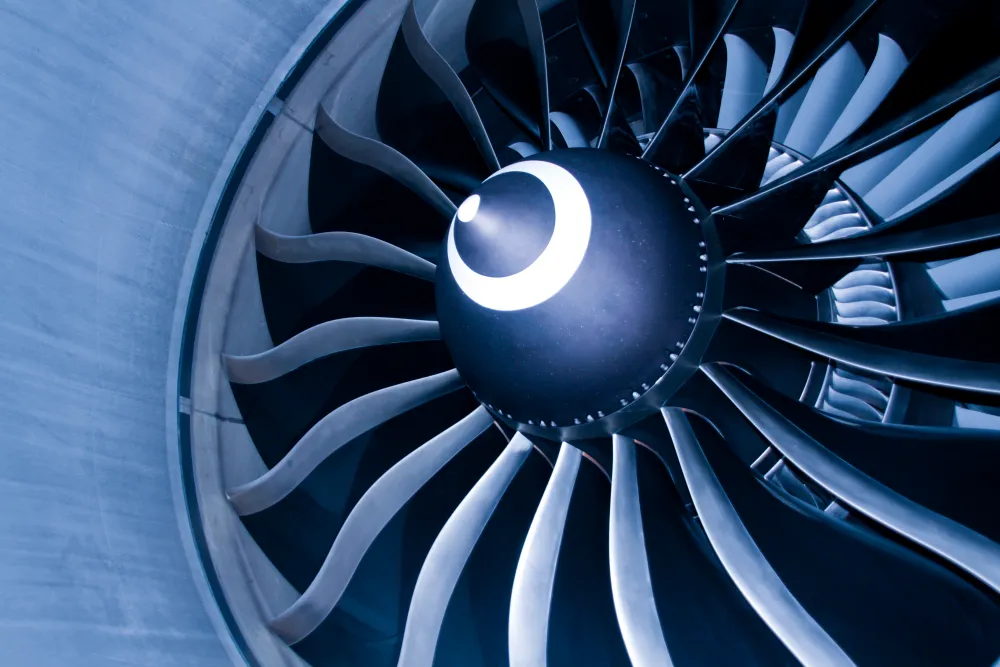 Close-up of the fan blades of a turbofan engine, the engine type studied in Module 15 Gas Turbine Engine