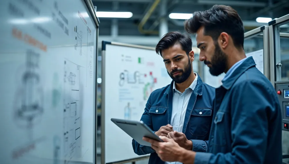 Two engineers reviewing technical material together on a tablet, as candidates do when revising for Part-66 module exams