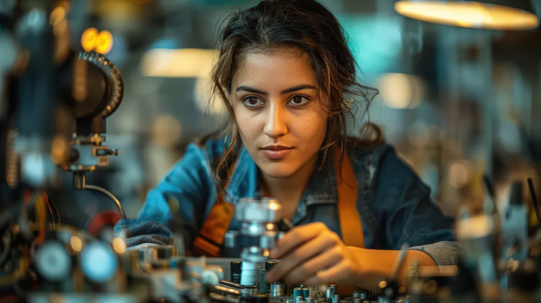 Young woman in a work apron carefully assembling small mechanical components at a workbench