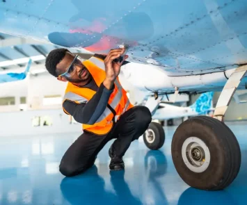 Aircraft maintenance engineer inspecting an airplane wing in a hangar, representing the B1 versus B2 aircraft maintenance license comparison