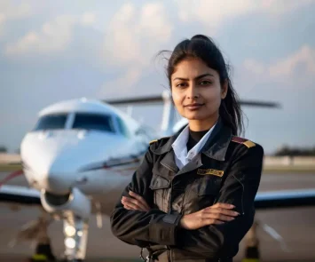 South Asian woman airline pilot in uniform standing in front of a light aircraft on the apron